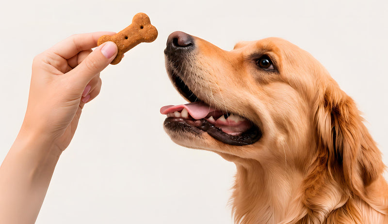 Mano dando un snack articular con forma de huesito a un perro golden retriever.