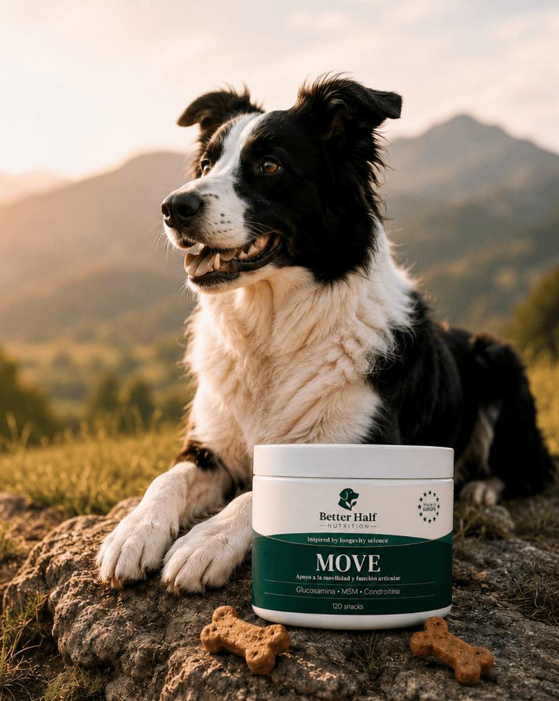 Perro border collie en el campo descansando junto a un envase de suplemento articular MOVE.