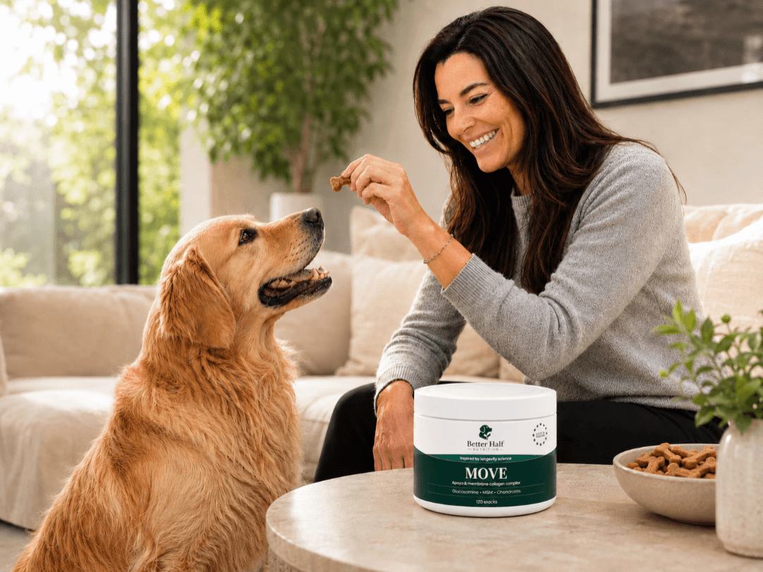 Mujer alimentando a su perro golden retriever con los snacks funcionales MOVE
