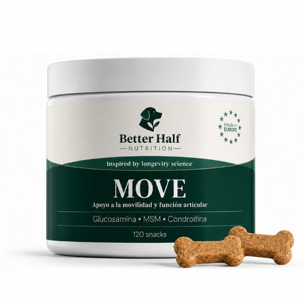 Bote de MOVE, el snack condroprotector diario para perros de Better Half Nutrition.