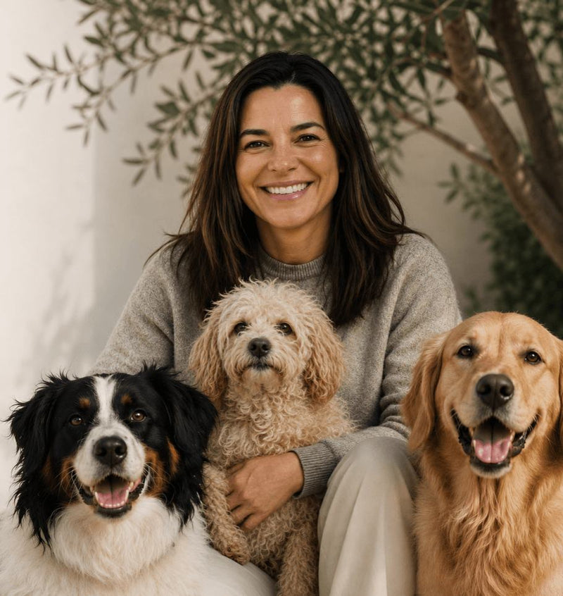 Fundadora de Better Half Nutrition sonriendo y abrazando a tres perros felices.